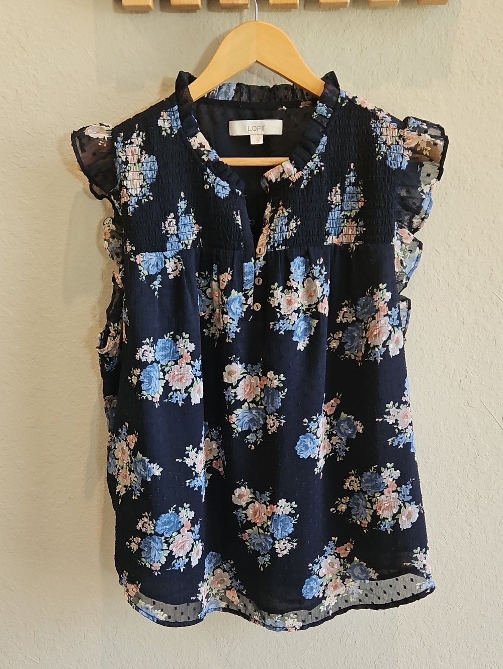 LOFT Navy Floral Smocked Ruffle Sleeve Camisole